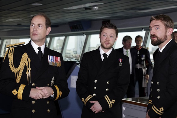 His Royal Highness Earl of Wessex Prince Edward meeting (L-R) 2/0 (X) Navigator Paul Stubley and 2/0(X) Kevin Clifton on the bridge of RFA Tidespring