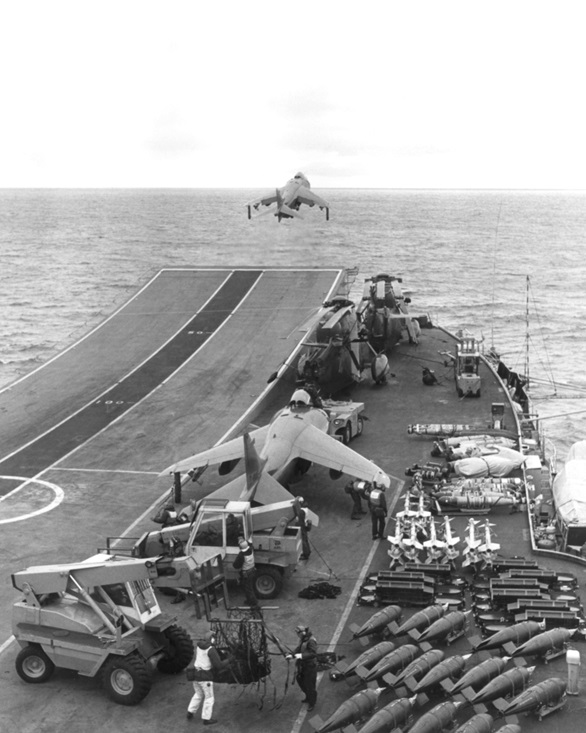A Harrier of 800 NAS launches from HMS Hermes during the Falklands campaign