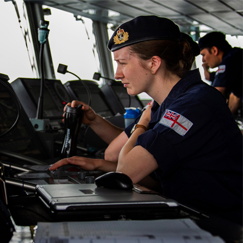 Warfare Intelligence Officer working on the bridge of a ship