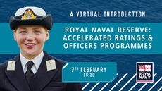 Royal Navy Reserve Accelerated Ratings and Officers Programmes event image with smiling reserve on blue background