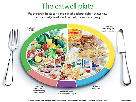 The eatwell plate of food, with plate split into recommended portions of food groups