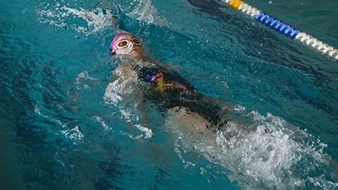 overhead shot of female swimmer swimming backstroke in swimming pool lane