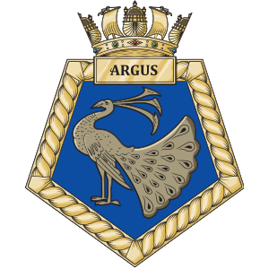 The crest of HMS Argus showing a Peacock on a blue background