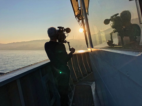 The documentary team filming aboard HMS Duncan in the Black Sea