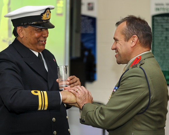 Pictured from Left to Right: Royal Navy Honorary Commissioned Officer Lieutenant Commander Raj Aggarwal RN and Brigadier Graeme Fraser RM at HMS Cambria, Cardiff.