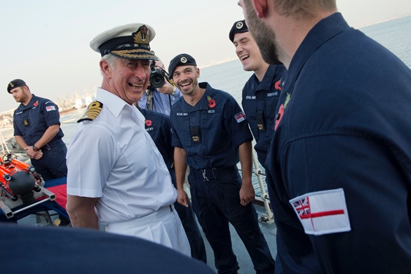 HRH The Prince of Wales shares a joke with the ship’s company of HMS Middleton. Picture: PO G Granger US Navy