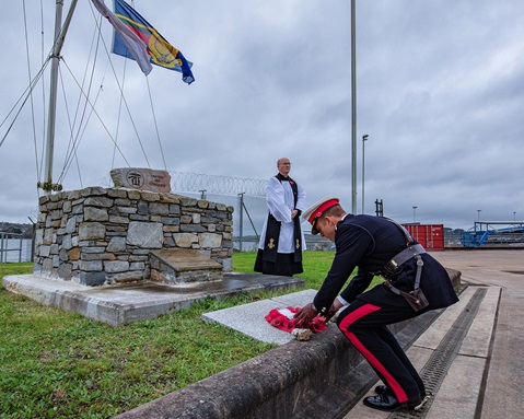 A wreath is laid on behalf of 47 Commando at the landing craft memorial at RM Tamar