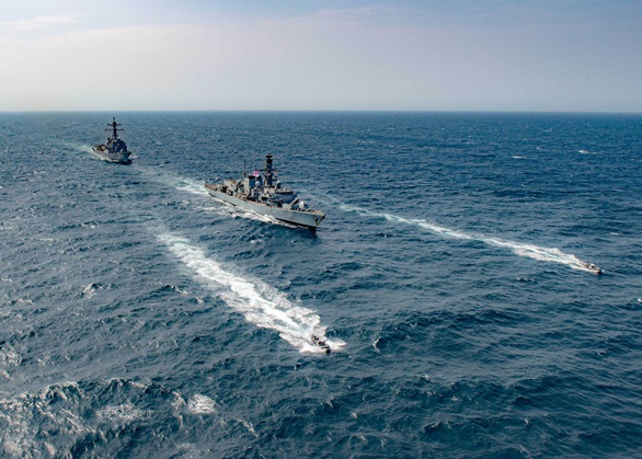 HMS Montrose leads USS Winston S Churchill in the Gulf
