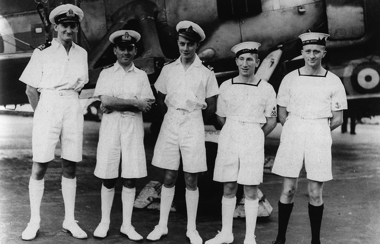 Lt Cd Eugene Esmonde (second left) pictured on HMS Ark Royal with other FAA aviators decorated for the Bismarck chase