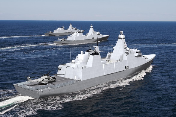 A graphic of three Type 31 frigates at sea 