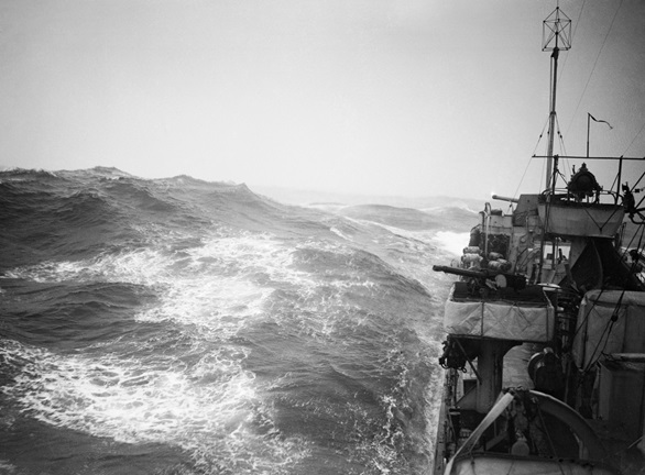 An escort struggles with heavy seas during the Battle of the Atlantic