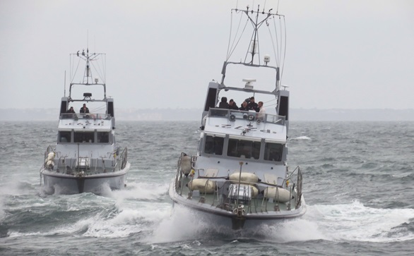 HMS Ranger (left) and HMS Smiter battle choppy seas off Bournemouth