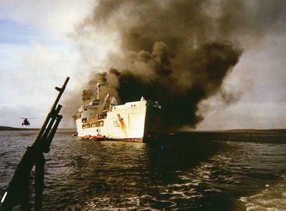 RFA Sir Galahad burns after being hit by Argentine bombs