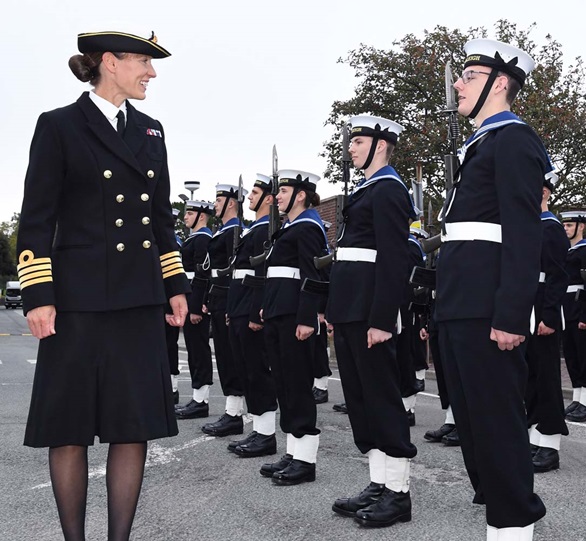 Capt Suzi Nielsen inspects recruits on parade at HMS Raleigh