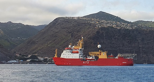 HMS Protector at anchor in James Bay, St Helena