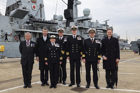 HMS Montrose's final Commanding Officer, Commander Claire Thompson, front, with former COs, from left, Rear Admiral Niall Kilgour, Vice Admiral Sir Tim Lawrence, Commander Charlie Colliins, Captain Conor O'Neill, Rear Admiral James Parkin, and Vice Admiral Sir Tony Johnstone-Burt