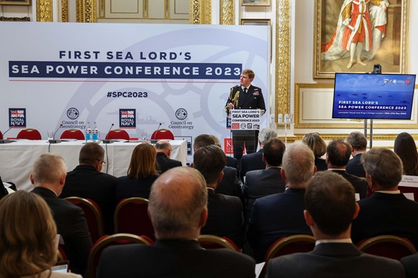First Sea Lord delivering his speech at the Sea Power Conference in London