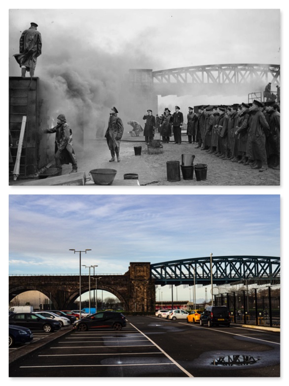 Firefighting in 1944 and how the site looks today