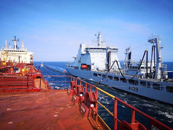 RFA Tideforce has been carrying out replenishment trials with commercial tanker MV Raleigh Fisher