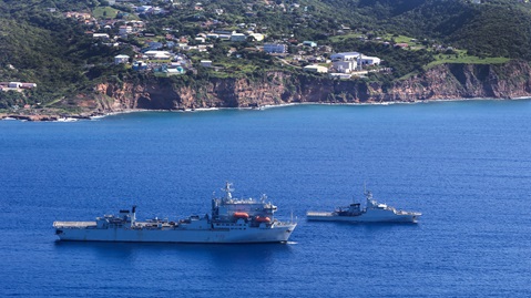 RFA Argus sails in company with HMS Medway off the coast of Montserrat