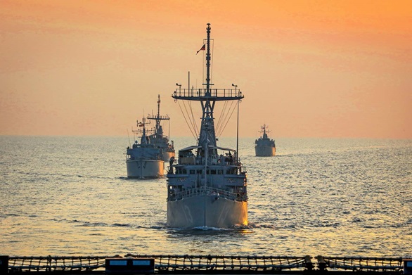 RFA Cardigan Bay has recently been involved in Exercise Khunjar Hadd along with minehunters HMS Ledbury and HMS Brocklesby and ships from other nations. Picture: LPhot Rory Arnold