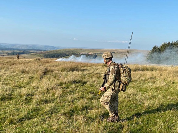 Royal Marines from 45 Commando during patrols exercises with small drones in the Brecon Beacons