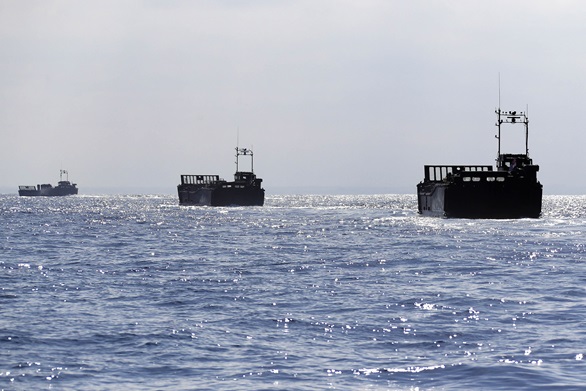 3 of HMS Albion's large LCU landing craft in line formation