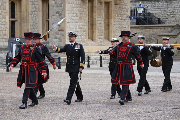HMS Albion's ship's company marched through the Tower of London for the traditional Ceremony of the Dues, watched on by HRH Princess Anne. Picture: LPhot Lee Blease