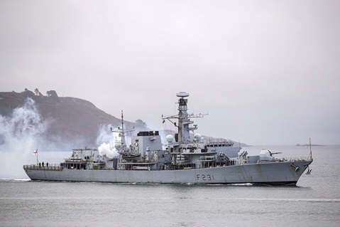HMS Argyll fires her ceremonial cannon as she passes beneath Plymouth’s Royal Citadel on her return from operations in the Gulf