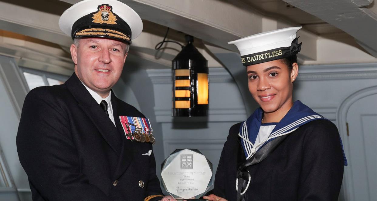 Admiral Hally presents AB Lisa Williams with Apprentice of the Year title