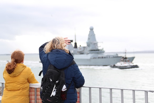 Fiends and families at the Round Tower, welcoming HMS Dragon after deployment in the Black Sea. 