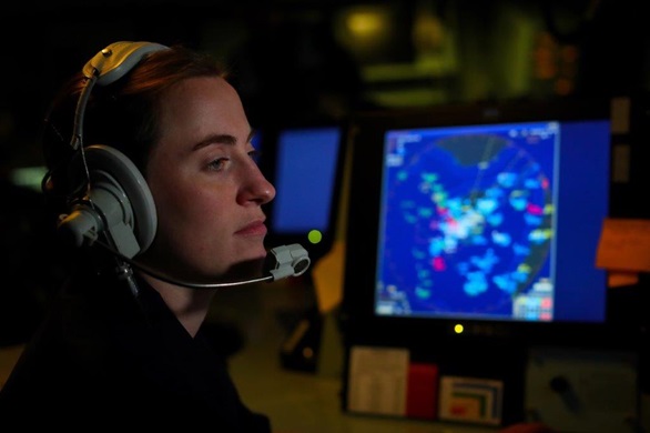 Lt Jo Peacock on watch in the operations room on board HMS Duncan