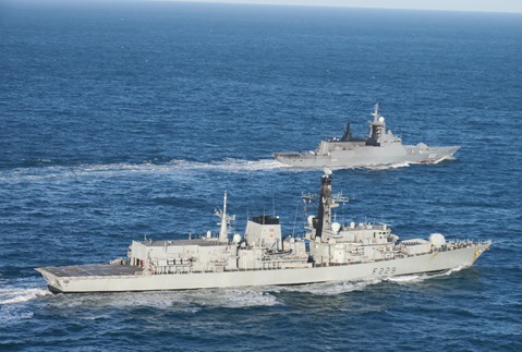 HMS Lancaster foreground shadows Russian warship Boikiy earlier this month 