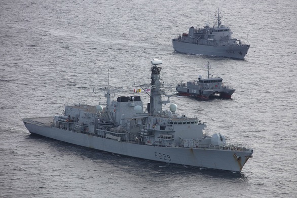 HMS Lancaster sails in the Baltic in close company with Lithuania's LNS Jotvingus (top) and Latvian Ship LVNS Jelgava (centre)