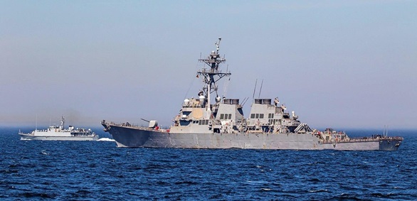 HMS Pembroke sails in company with American destroyer USS Arleigh Burke