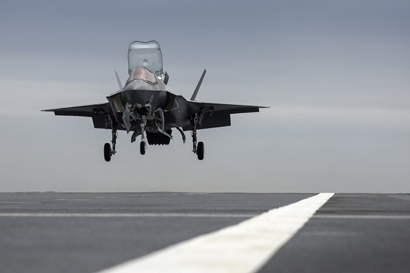 The F-35 prepares to touch down on the deck of HMS Prince of Wales for the first time