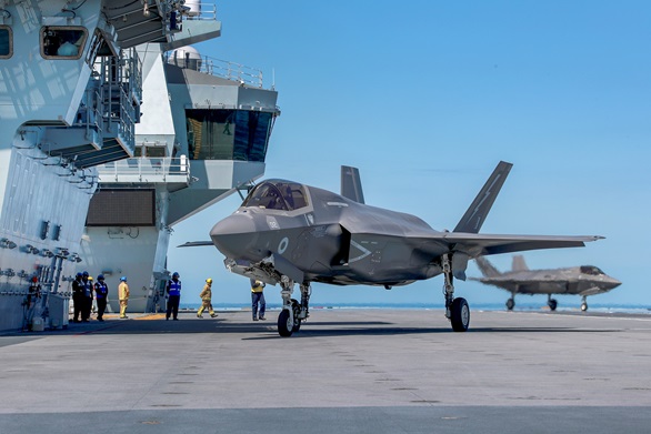 HMS Queen Elizabeth is training with the UK’s sole operational F-35 stealth fighter squadron. Picture: LPhot Luke