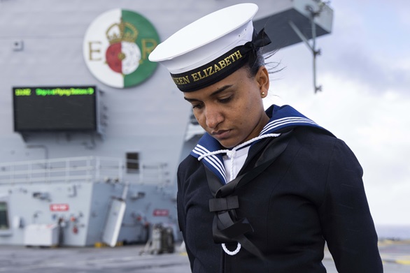 AB(Wtr) Alisha Defreitas on board the Royal Navy flagship HMS Queen Elizabeth at sea on operations.
