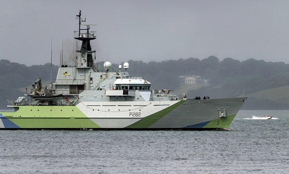 Severn makes her way out of Falmouth with her distinctive livery