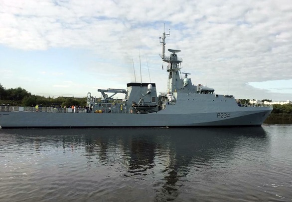 HMS Spey sailing from Scotstoun