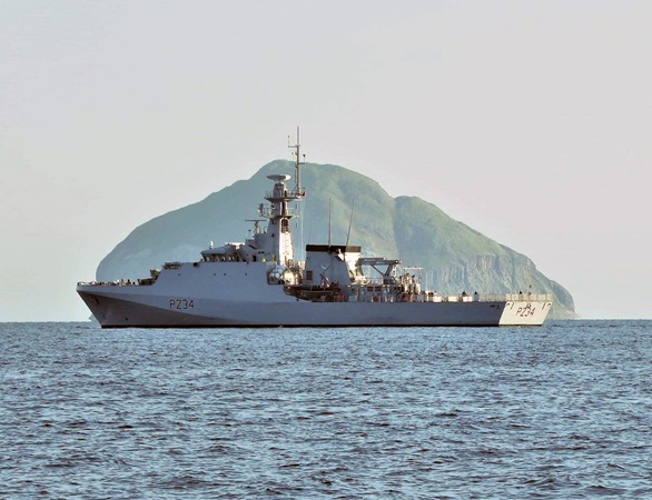 HMS Spey passes Ailsa Craig in the Firth of Clyde