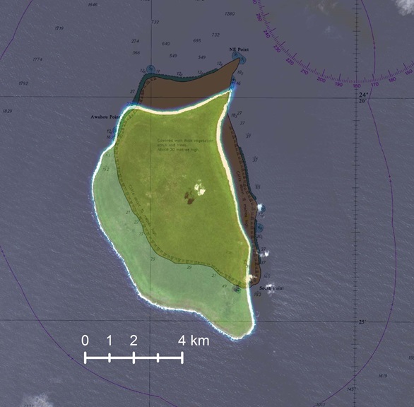 Actual position of Henderson Island overlaid on the existing chart with scale bar created using data