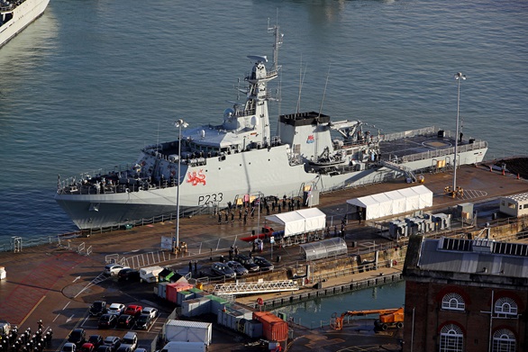 An aerial shot of HMS Tamar alongside on commissioning day