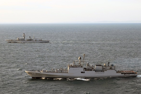 INS Tabar (foreground) sails in company with HMS Westminster in the Channel
