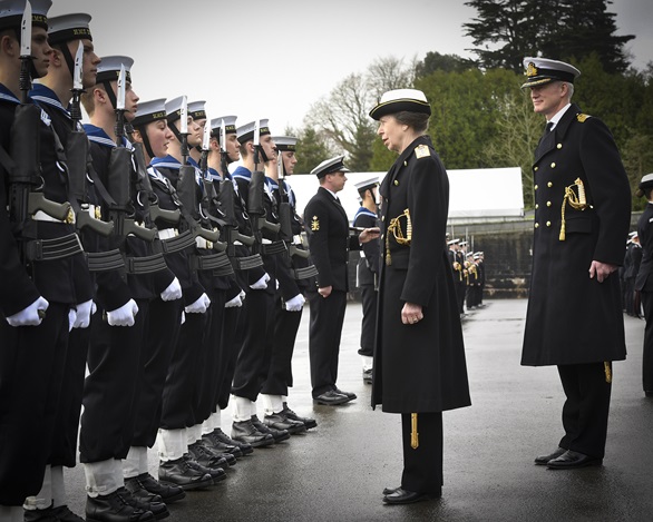 Princess Anne inspects the Guard of Honour of ratings from HMS Raleigh's Whittall Division