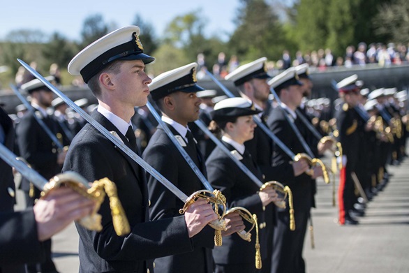 Britannia Royal Naval College, Dartmouth Passing Out Parade, young Naval Officers on parade.