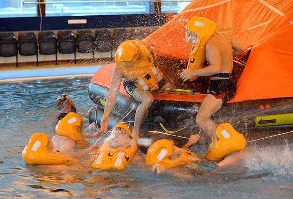 Sea survival training in HMS Raleigh's pool